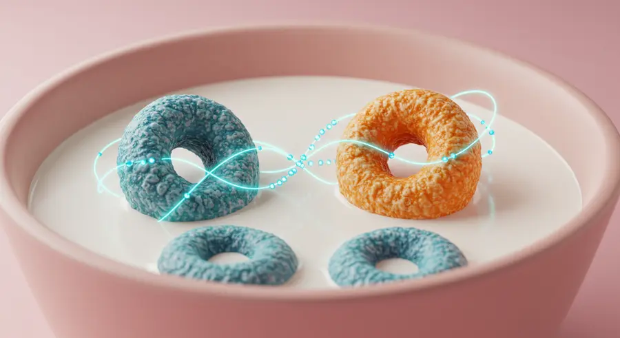 A conceptual image illustrating quantum entanglement in breakfast cereals, with two cereal flakes linked by glowing quantum threads.